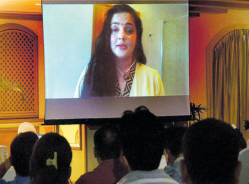 Actor Mamta Kulkarni speaks to the media via video link in connection with the drug haul case, in Mumbai on Friday. PTI