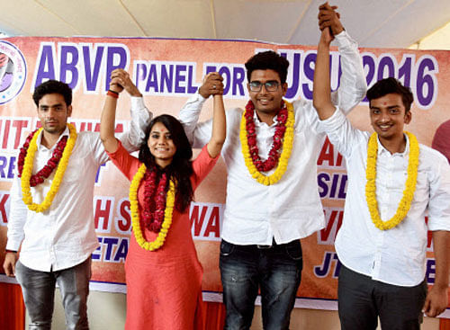 Members of ABVP panel for Delhi University Students Union election 2016 in New Delhi on Saturday. PTI photo