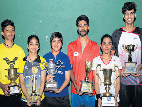 Winners:&#8200;Champions of the State-ranking badminton championship. (From Left) Sai Pratheek Krishna Prasad (U-17 boys), Trisha Hegde ( U-17 girls), Shikha Gautham (women), Daniel S Farid (men), Deepti Ramesh (U-19 girls), Balraj Kajla (U-19 boys). DH PHOTO