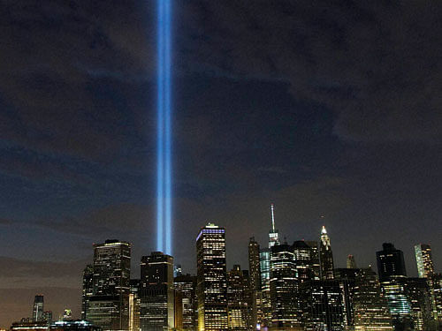 The Tribute in Light rises above the lower Manhattan skyline, Saturday, Sept. 10, 2016, in New York. Sunday marks the fifteenth anniversary of the terrorist attacks of Sept. 11, 2001on the United States. AP/PTI