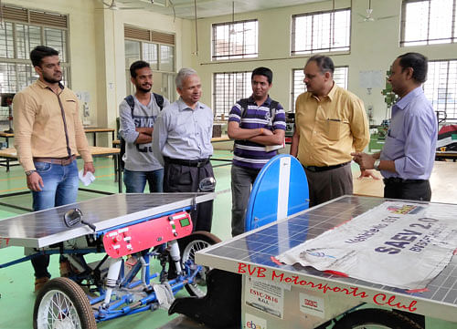 Innovation: Students explain the working of a vehicle run on solar power at the learning factory in KLE Technological University campus in Hubballi.