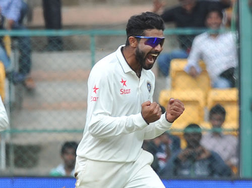Jadeja's match haul of 10/171 is his sixth 10-for in first-class cricket and will enhance his confidence as India get ready to take on New Zealand in a week's time. DH File Photo.