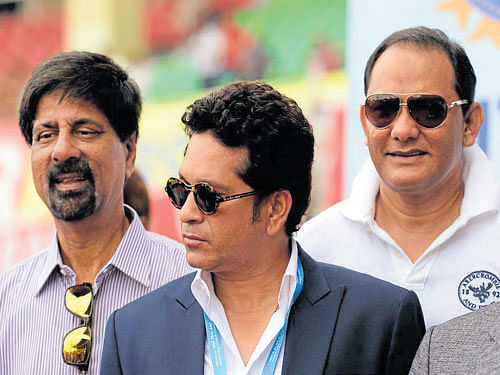 famous faces (From left) K Srikkanth, Sachin Tendulkar and Mohammad Azharuddin at a function to mark India's 500th Test at the Green Park Stadium in Kanpur. pti