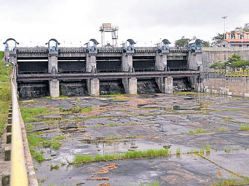 Due to the low water storage, the outflow stopped at the Yagachi dam in Belur taluk, Hassan district, on Sunday. DH Photo.
