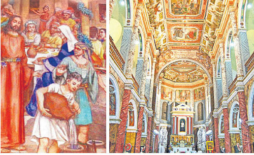 elaborate 'The Wedding at Cana' painting in St Aloysius College Chapel (right)  in Mangaluru. PHOTO COURTESY: SOUVENIR OF THE CHAPEL, ANAND BAKSHI