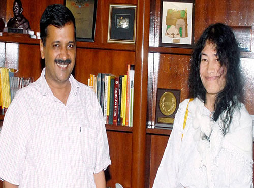 Delhi Chief Minister Arvind Kejriwal with Irom Sharmila on Monday. DH PHOTO