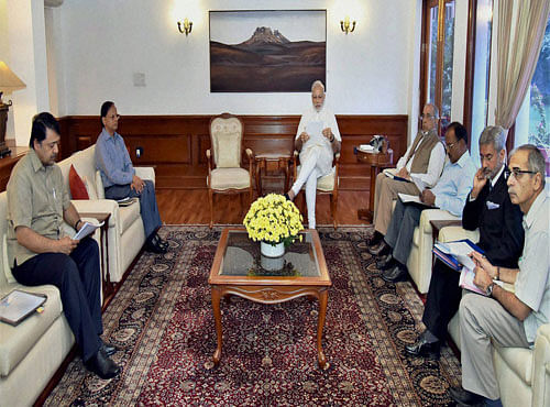 Prime Minister Narendra Modi chairing the meeting on Indus Water Treaty in New Delhi on Monday. PTI Photo