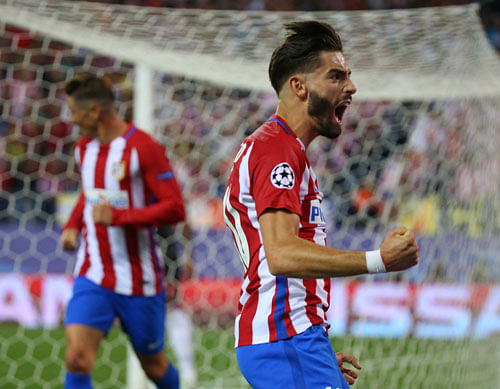 ECSTATIC: Atletico Madrid's Yannick Carrasco celebrates after scoring against Bayern Munich in their Champions League game at the Vicente Calderon in Madrid on Wednesday. Reuters