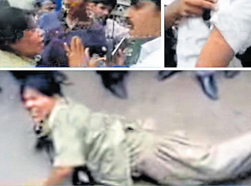 1.Woman conductor, Aruna, argues with a traffic policeman at Kammagondanahalli on Thursday. 2.A student shows the bitemarks. 3. The conductor, after she fell down during the scuffle with the students. TV GRABS