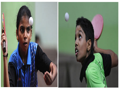 Champions: Saathwika (left) and Srikanth Kashyap clinched titles in the Cadet boys' and girls' categories respectively at the MS Ramaiah memorial State-ranking TT meet. DH PHOTO