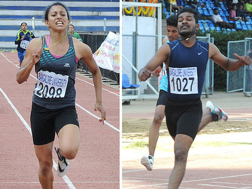 AN eventful day: Saujanya of Bishop Cotton Women's Christian College and Saleem Sheikh of KIMSR en-route to victory in their 200M events. DH photos/ Srikanta Sharma R