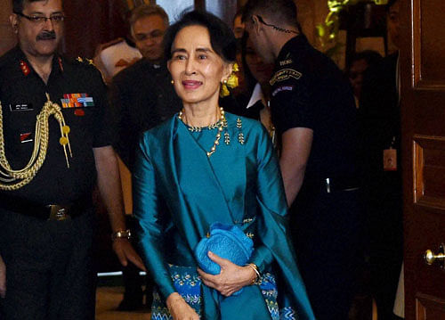 Myanmar's State Counselor and Foreign Minister Aung San Suu Kyi arrives to meet President Pranab Mukherjee at Rashtrapati Bhavan in New Delhi on Tuesday.PTI Photo