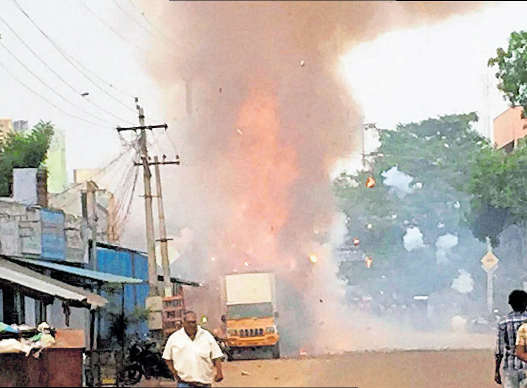 A godown that stored firecrackers goes up in flames at Sivakasi in  Tamil Nadu on Thursday. PTI