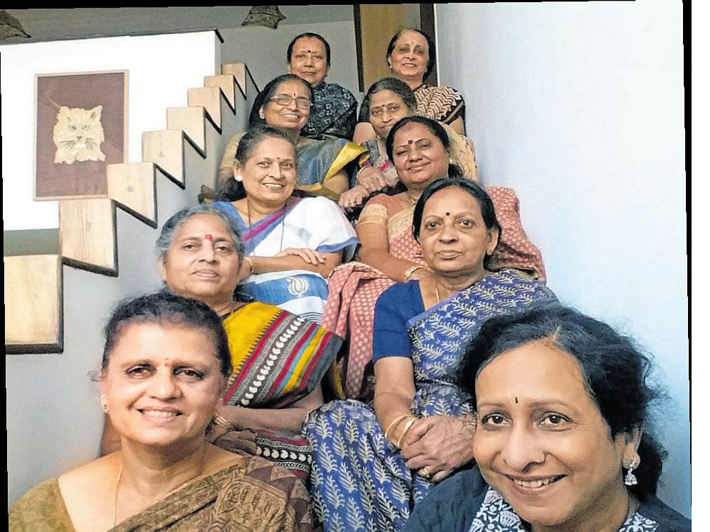 (From top to bottom, right) Vijaya, Shobha, the author, Jayashree  and Dr Geethamani. (Left)&#8200;Rudrani, Shaku,  Saroja, Shaila and Jalaja.