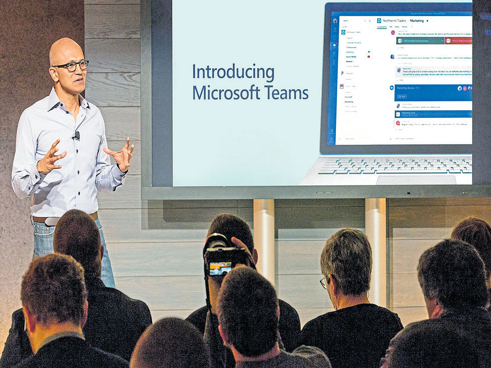 NEW OFFERING: Microsoft CEO Satya Nadella at the launch of Microsoft Teams, a chat-basedwork space in Office 365. The product, which will be bundled free for Office suite business users, has drawn comparisons to Slack and has features like video conferencing. MICROSOFT