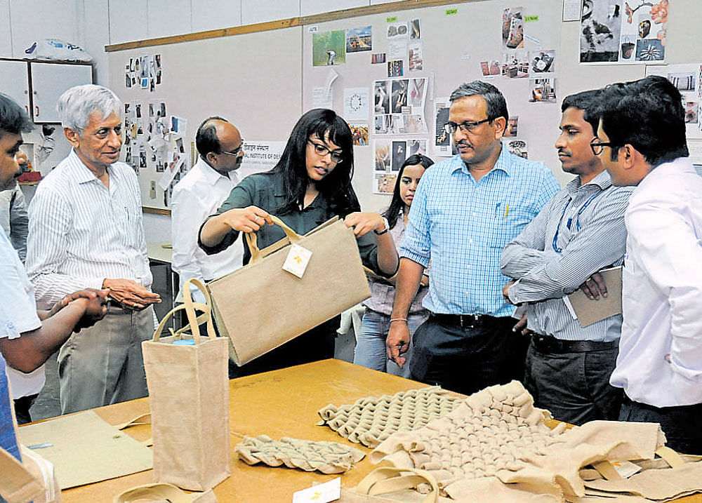 People take a look at the products at the Jute Design Centre in Ahmedabad.