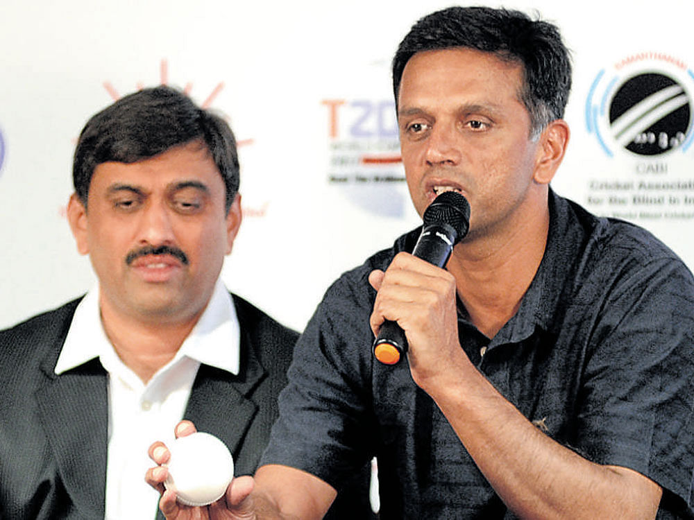touch of class Rahul Dravid (right), who was named the brand ambassador of the T20 World Cup Cricket for the Blind 2017, addresses the media in Bengaluru as Mahantesh GK, CABI president, looks on. dh photo