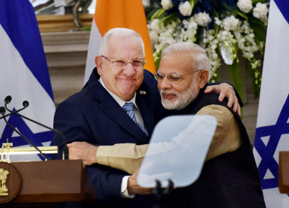 Israeli President Reuven Rivlin with Prime Minister  Narendra Modi at Hyderabad House in New Delhi on  Tuesday. REUTERS