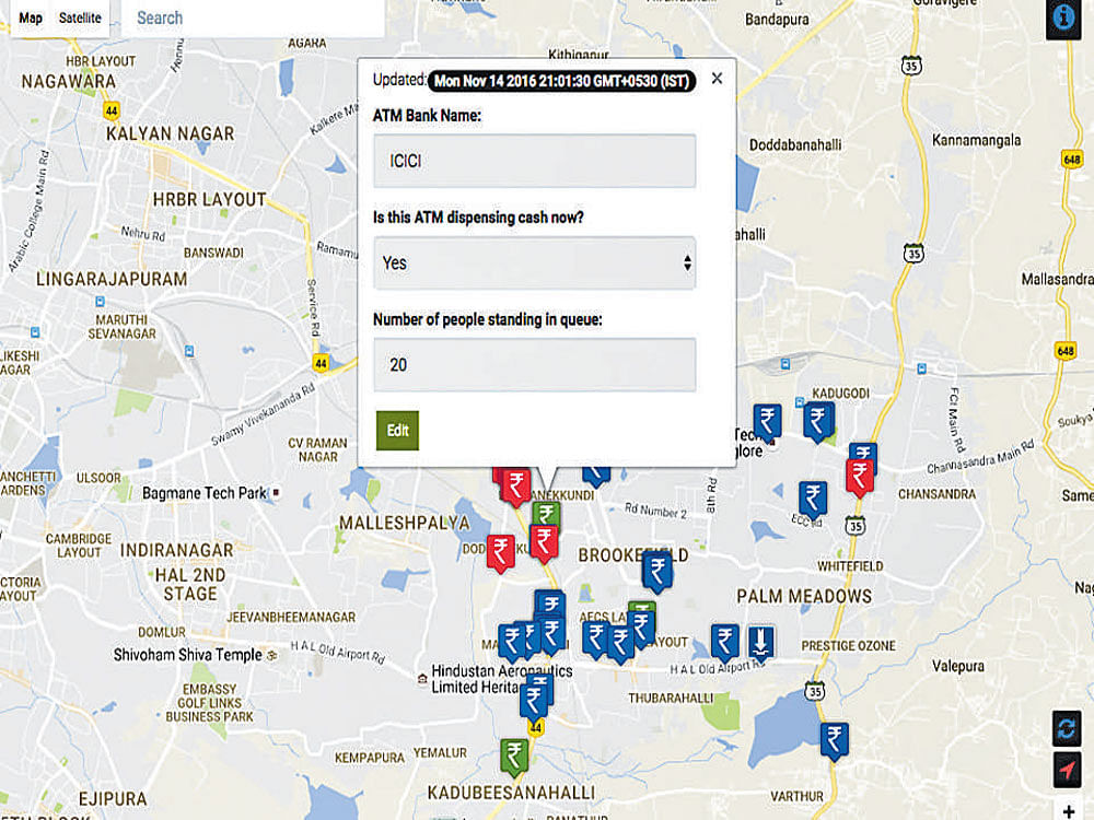 A screenshot of a Google Maps-based ATM Finder app.