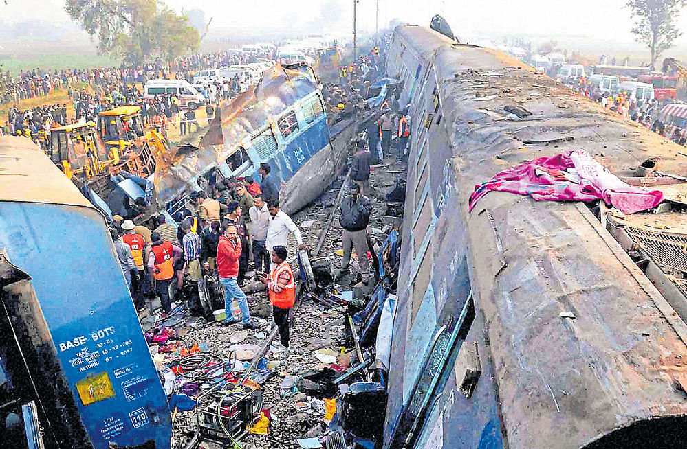 Tragedy on tracks: Rescue and relief work in progress after the Indore-Patna Express derailed near Kanpur on  Sunday morning. PTI