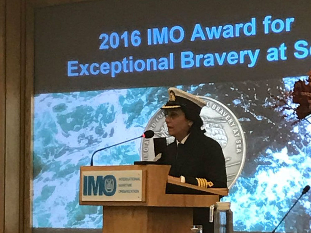 Captain Radhika Menon received her medal and certificate of commendation at an awards ceremony at the International Maritime Organisation (IMO) headquarters here last evening. Image courtesy IMO/ Twitter.