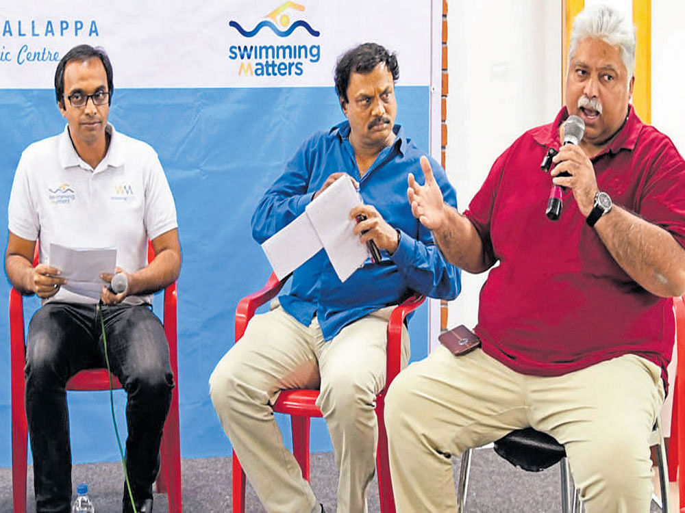 wise words  Dronacharya awardee Nihar Ameen (extreme right) speaks at&#8200;a panel discussion on the importance of fundamentals in high performance swimming. Olympian Hakimuddin Habibulla and coach John Christopher (from left) look on. DH PHOTO