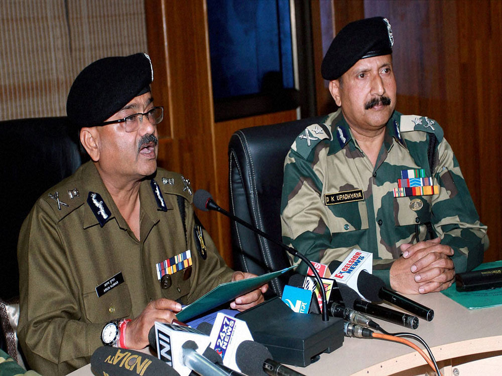 Additional DG, BSF, Arun Kumar addressing the media regarding the encounter with militants after infiltration at International border in Ramgarh, at BSF headquarters in Jammu. PTI Photo