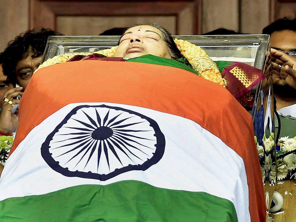 The mortal remains of Tamil Nadu's former Chief Minister Jayaram Jayalalithaa kept for public viewing at Rajaji Hall in Chennai on Tuesday. PTI Photo
