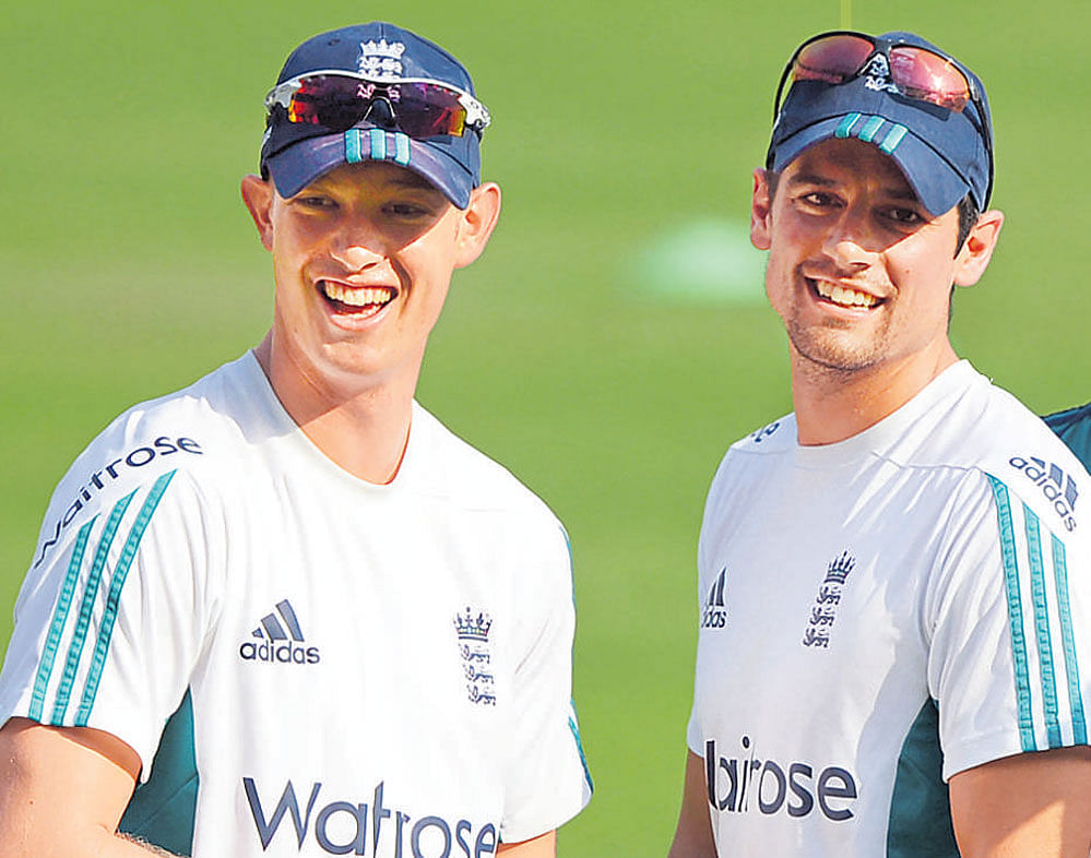 NEW FACE Keaton Jennings (left) with England captain Alastair Cook at a training session in Mumbai. AFP
