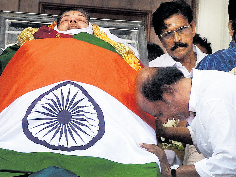 Actor Rajinikanth pays his last respects. PTI photo