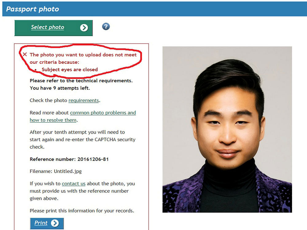 A screenshot of New Zealand man Richard Lee's passport photo rejection notice. Reuters