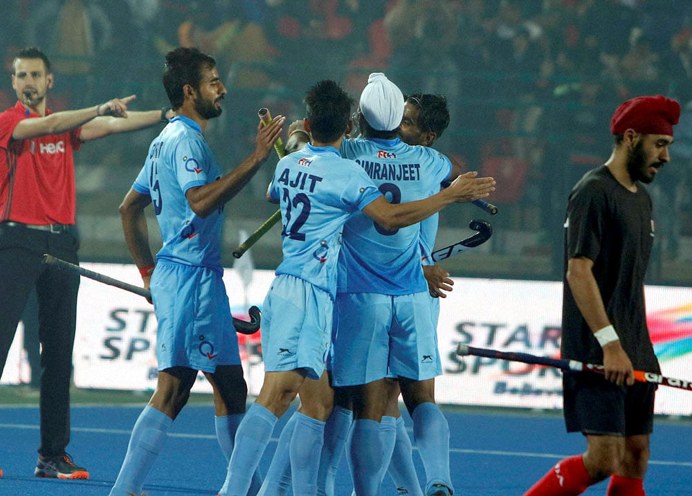Indian Hockey players celebrating goal against Canada at Jr. World Cup Hockey Tournament at Major Dhyanchand Stadium in Lucknow on Thursday.PTI Photo