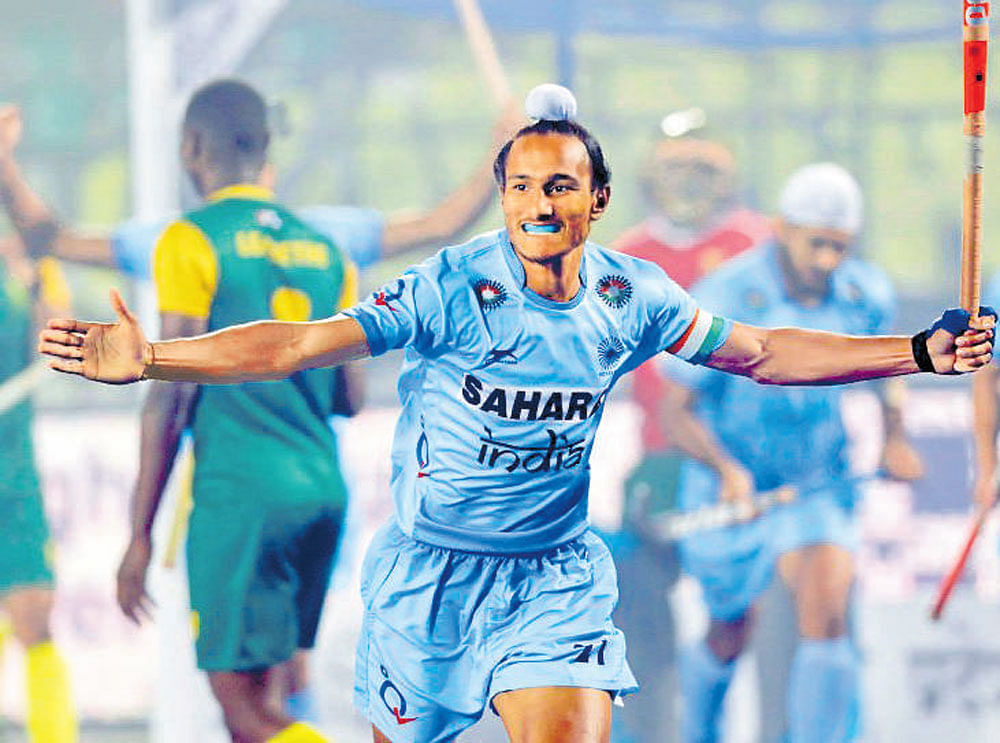 ON A HIGH India's Harjeet Singh celebrates after scoring against South Africa in their Pool D game on Monday.