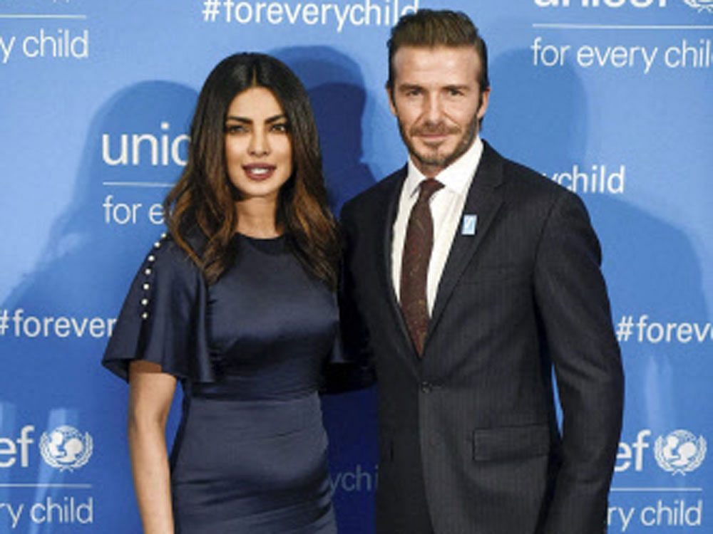 Actress Priyanka Chopra, left, poses with UNICEF Goodwill Ambassador David Beckham at UNICEF's 70th anniversary gala on Monday, Dec. 12, 2016, at United Nations headquarters, AP/PTI Photo