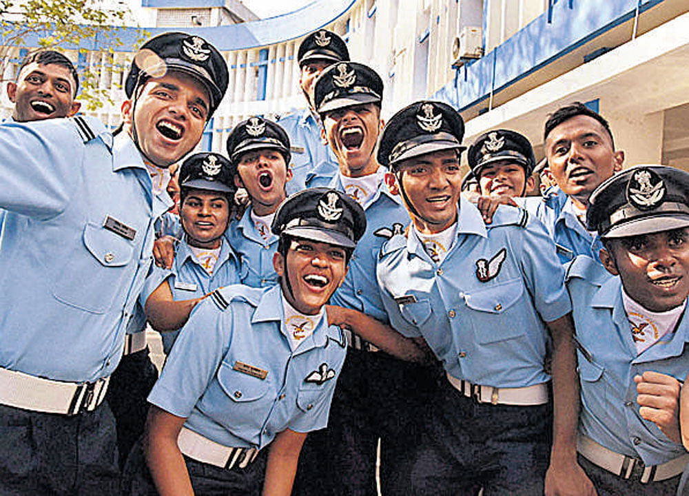 Cadets celebrate at the Combined Graduation Parade at the Air Force Academy in Dundigal, Hyderabad, on Saturday. PTI
