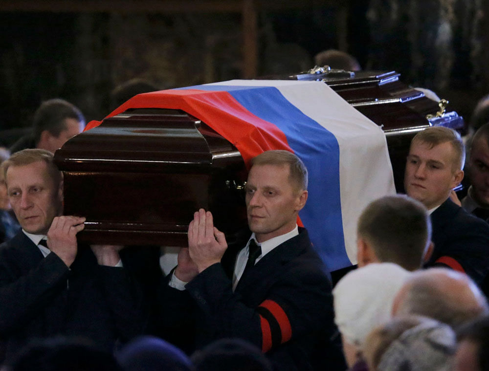 Personnel carry coffin containing body of Russian ambassador to Turkey Karlov, who was shot dead by off-duty policeman on December 19 in Ankara, in Moscow. Reuters photo