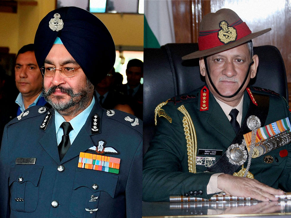 The new IAF chief, Air Marshal Dhanoa and new Army chief Bipin Rawat. PTI file photo