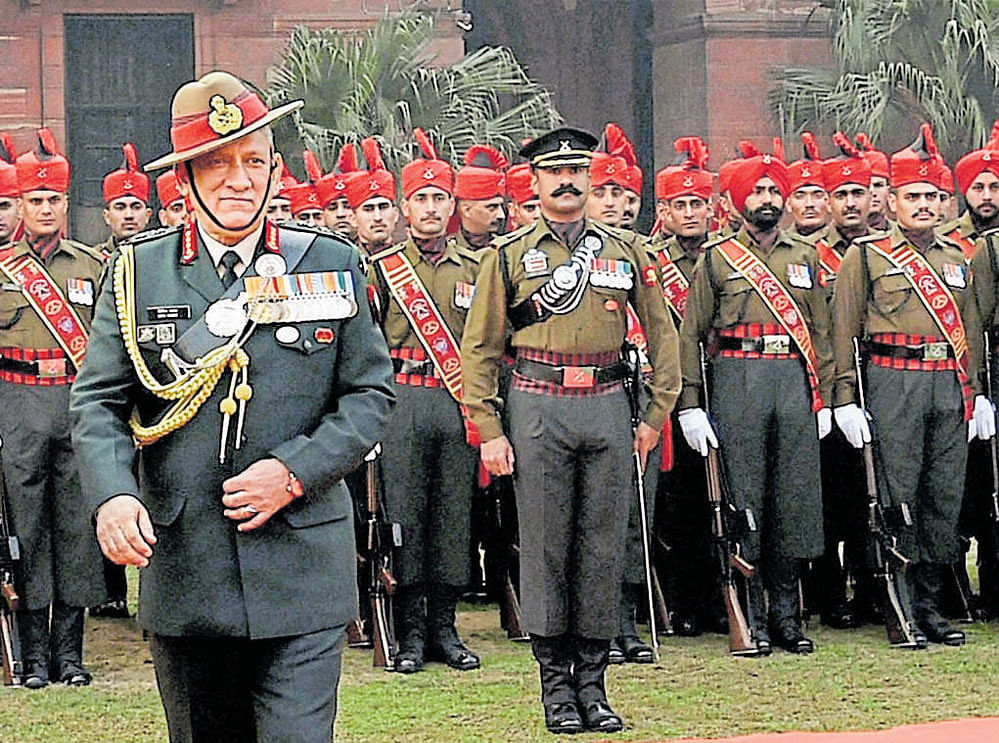 New army chief General Bipin Rawat during the guard of honour at South Block in New Delhi on Sunday. PTI