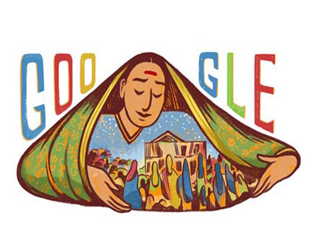 The doodle that showcases Savitribai embracing her surroundings, indicative of the social work she undertook during her lifetime. Screen grab.