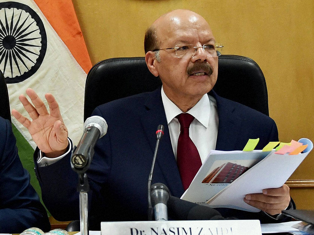 Chief Election Commissioner Nasim Zaidi announcing poll schedule for five states during a press conference, in New Delhi on Wednesday. PTI Photo