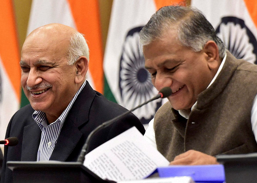 oS for Foreign Affairs, V K Singh and M J Akbar during Mid Term Press Conference of the ministry in New Delhi on Wednesday. PTI Photo