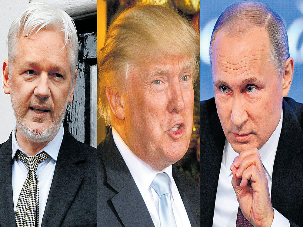 While Julian Assange would like to counter the impression that WikiLeaks made itself a passive tool for the geopolitical machinations of Russian President Vladimir Putin, Donald Trump would like to erase the impression that he got Russian help in defeating Clinton. AP/AFP
