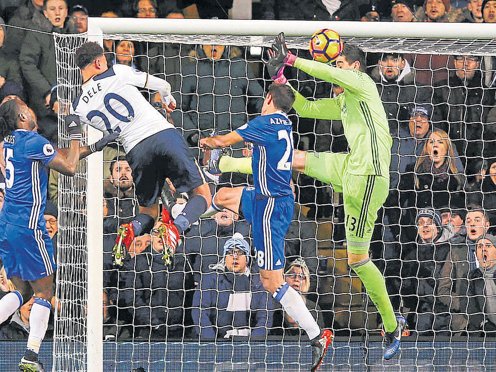 Tottenham Hotspur's Dele Alli (second from left) heads in his second goal against Chelsea on Wednesday. AFP