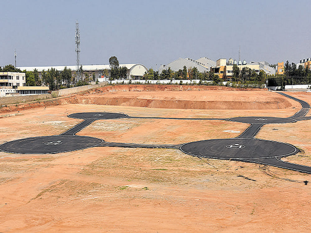 Helipads are readied at the Bengaluru International Exhibition Centre. DH Photo