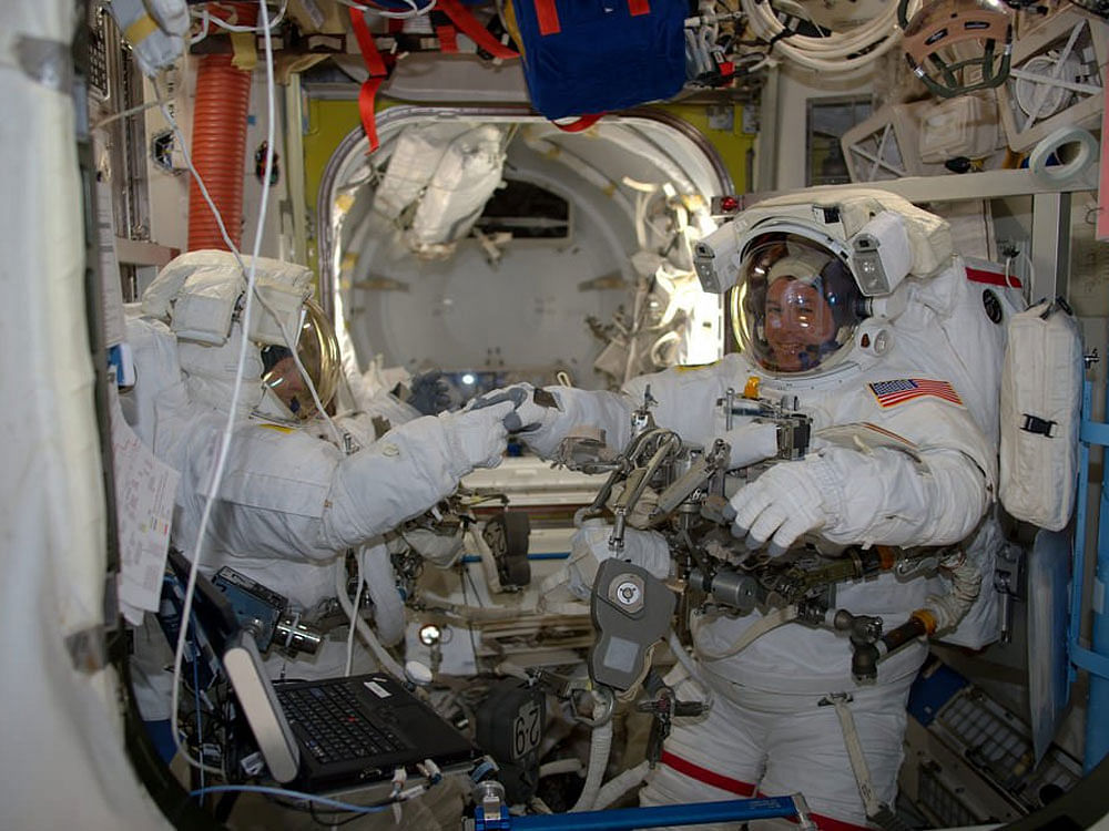They also accomplished several get-ahead tasks, including a photo survey of the Alpha Magnetic Spectrometer during the six-hour and 32-minute spacewalk. Photo credit: NASA