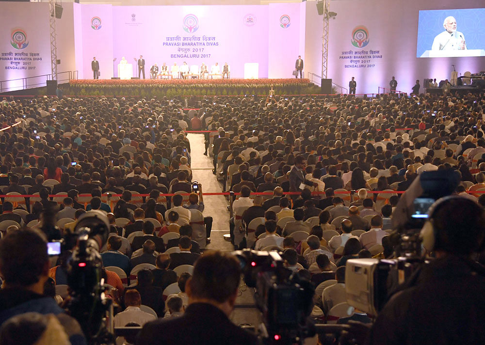 Prime Minister Narendra Modi addresses the gathering during the inauguration of the Pravasi Bharatiya Divas.