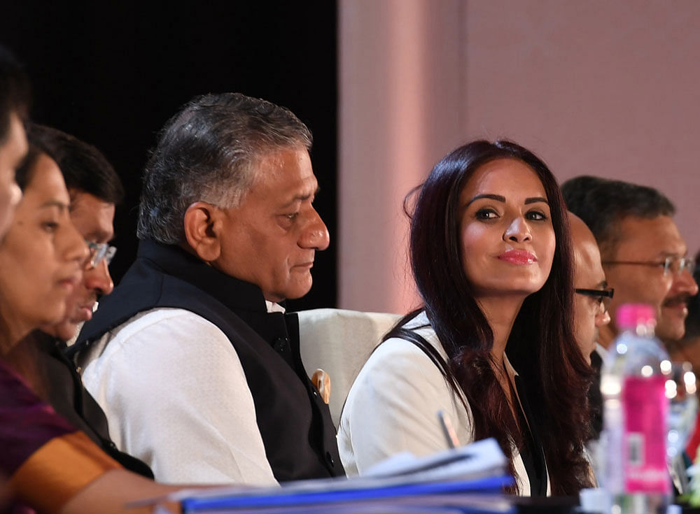 Retd Gen V K Singh, Minister of State for External Affairs, Ruby Dhalla, a politician from Canada, and others at a plenary session on 'Diaspora Organisations: Bridging Distances,  Unlocking Opportunities'. DH photo