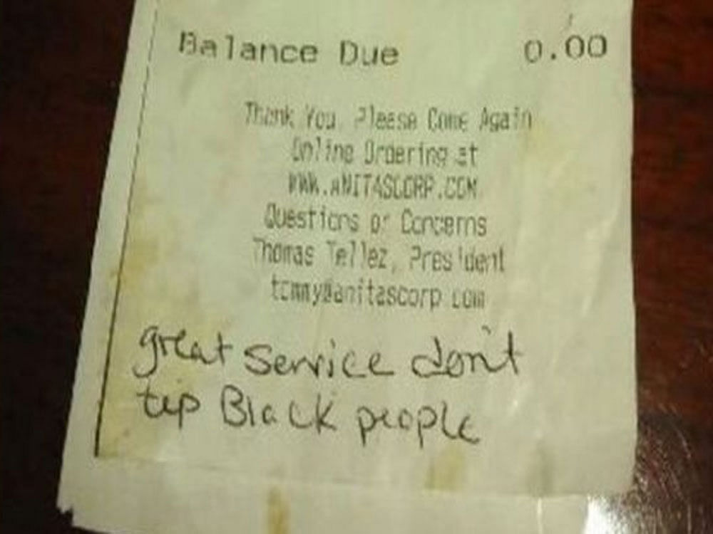 Restaurant server Kelly Carter told WJLA TV that she was shocked by the message. At first, she said she could not believe what she was reading. She said it was left, with no gratuity, by a 20-something white man and woman to whom she had served breakfast. Anita's owner Tommy Tellez, Sr. said, I'm appalled. This is so disheartening. Picture courtesy Twitter