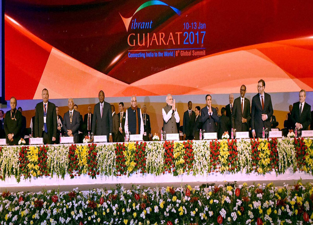 Prime Minister Narendra Modi and other dignitaries at the inauguration ceremony of the Vibrant Gujarat Global Summit 2017, at Mahatma Mandir, in Gandhinagar, Gujarat on Tuesday. PTI Photo/PIB