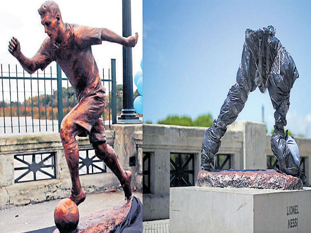 before and after A combination picture shows the statue of Lionel Messi when it was unveiled on June 28, 2016 and after it was vandalised on Tuesday. REUTERS